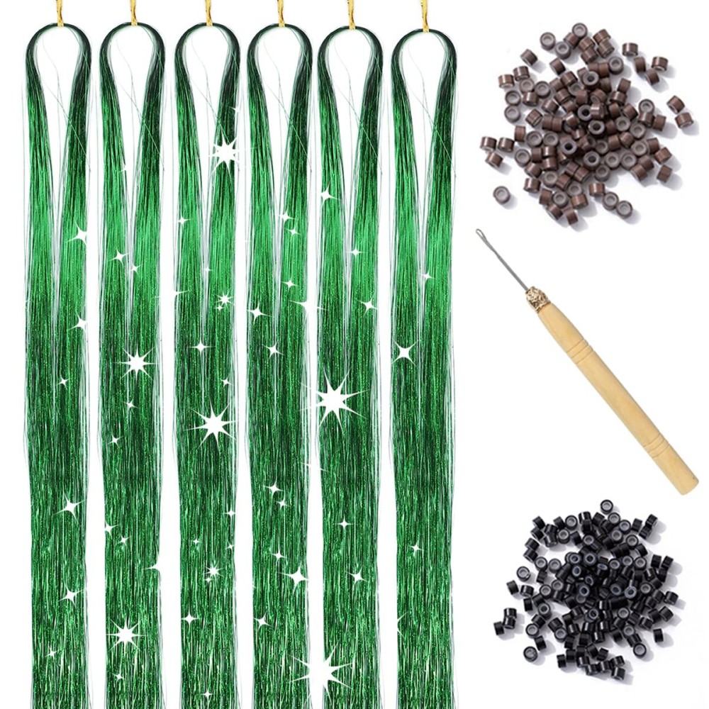 Green Hair Tinsel Kit with Tool 6pcs 1200 Strands Glitter Tinsel Hair Extensions Heat Resistant Sparkling Shiny Fairy Hair Accessories for Women Girls Kids 47Inch