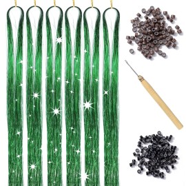Green Hair Tinsel Kit with Tool 6pcs 1200 Strands Glitter Tinsel Hair Extensions Heat Resistant Sparkling Shiny Fairy Hair Accessories for Women Girls Kids 47Inch