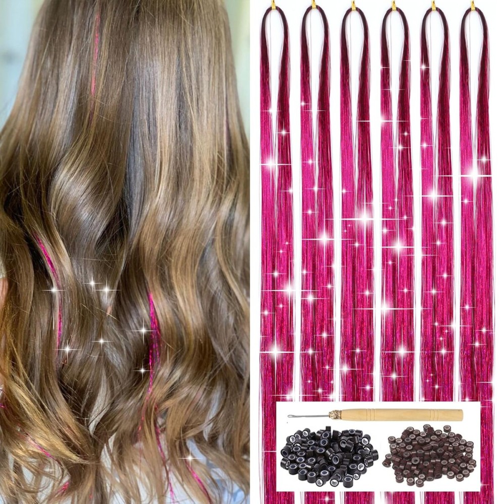 Rose Red Hair Tinsel Kit with Tool 6pcs 1200 Strands Tinsel Hair Extensions Heat Resistant Sparkling Shiny Glitter Fairy Hair for Women Girls Kids 47Inch