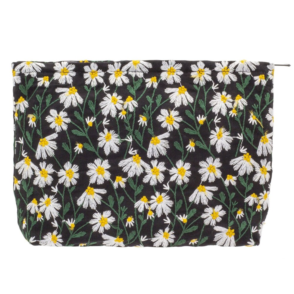 Makeup Bags for Purse Zipper Cosmetic Pouch Large Travel Canvas Make Up Organizer Tool Pouch for Women and Girls,Daisy Black