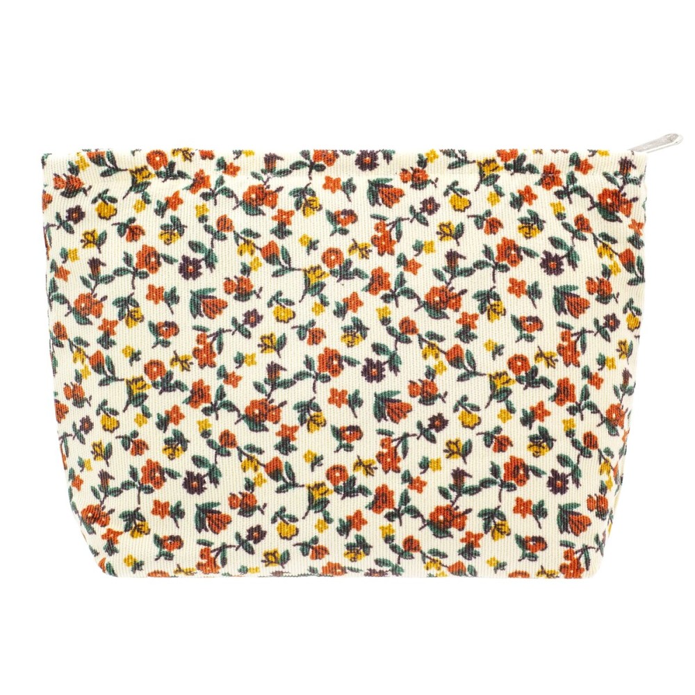 PAZIMIIK Makeup Bag Large Zipper Corduroy Make Up Pouch for Purse Travel Canvas Cosmetic Organizer for Women Brush Storage,Floral White