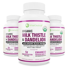 Max Absorption USDA Organic Milk Thistle Potent 5:1 Concentrated Extract (2000mg Strength) & Organic Dandelion Root | Silymarin Antioxidant Flavonoid | Liver Support Supplement (60 Count (Pack of 3))