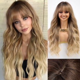 HAIRCUBE Ombre Brown and Blonde Wig Long Curly Wig with Bangs Natural Appearance Heat-Resistant Synthetic Wig Suitable for Fashionable Women
