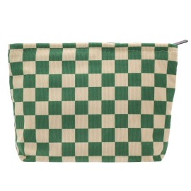 PAZIMIIK Makeup Bag Large Zipper Corduroy Make Up Pouch for Purse Travel Canvas Cosmetic Organizer for Women Brush Storage,Checkered Green