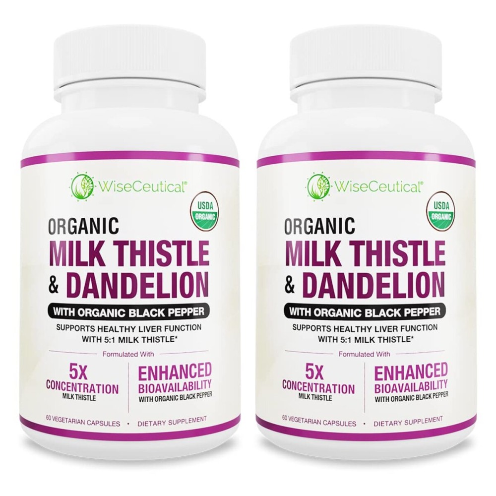 Max Absorption USDA Organic Milk Thistle Potent 5:1 Concentrated Extract (2000mg Strength) & Organic Dandelion Root | Silymarin Antioxidant Flavonoid | Liver Support Supplement (60 Count (Pack of 2))