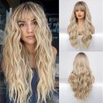 HAIRCUBE Ombre Blonde Wig Long Curly Wig with Bangs Natural Appearance Heat-Resistant Synthetic Wig Suitable for Fashionable Women