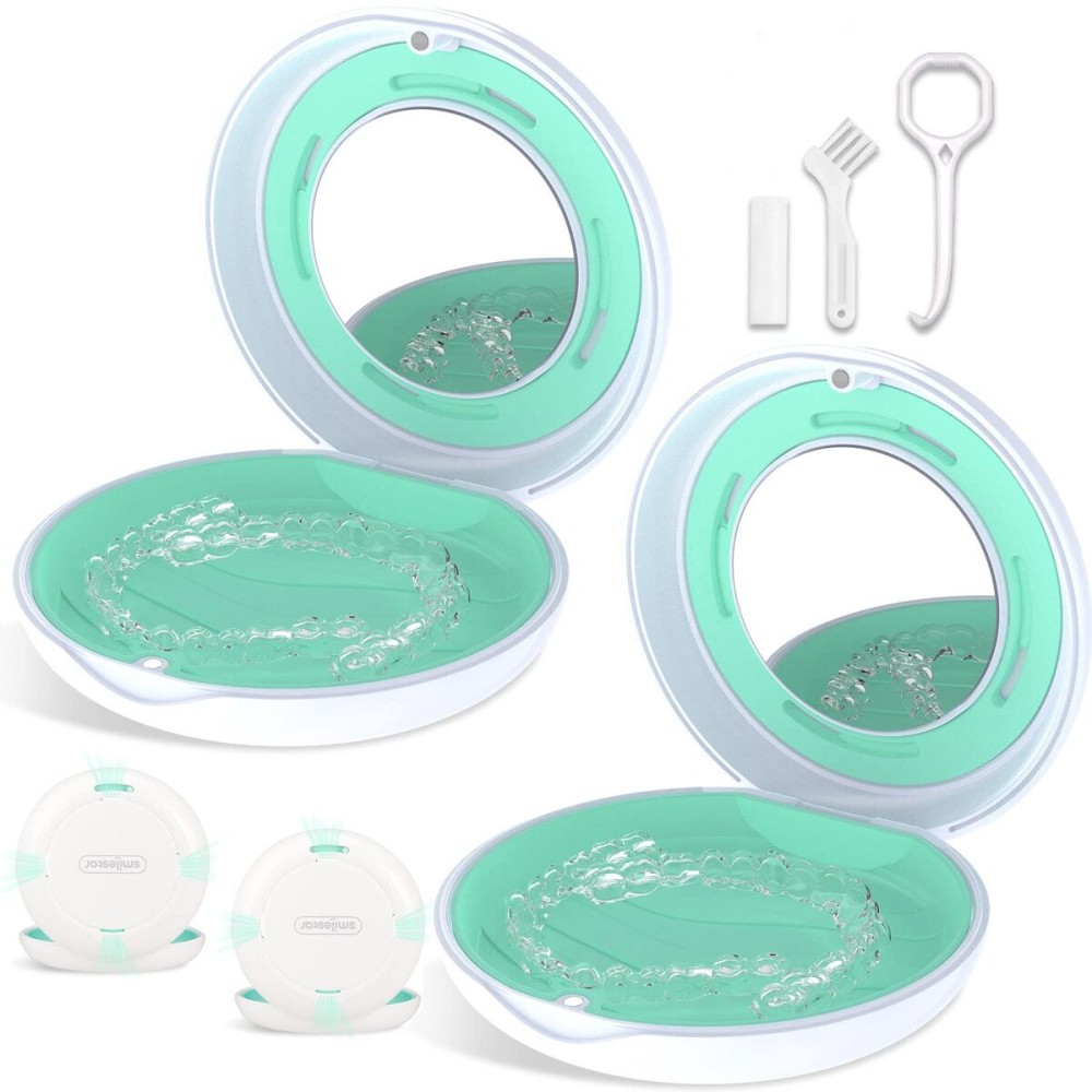 2PCS Retainer Case with Mirror and Adjustable Vent Holes, Cute Slim Aligner Case Compatible with Invisalign, Night Mouth Guard Case, With Retainer Remover Tool, Chew & Brush, White+White