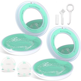 2PCS Retainer Case with Mirror and Adjustable Vent Holes, Cute Slim Aligner Case Compatible with Invisalign, Night Mouth Guard Case, With Retainer Remover Tool, Chew & Brush, White+White