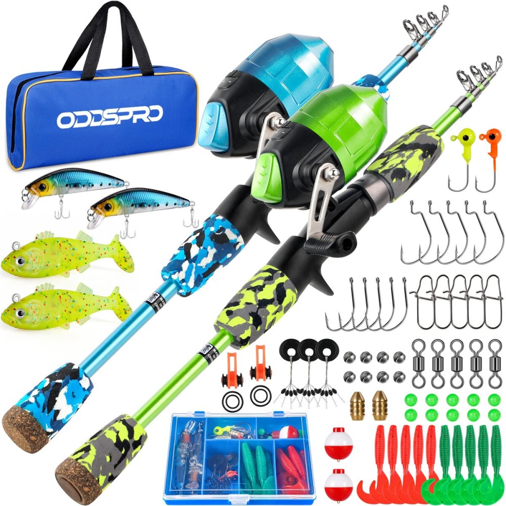 ODDSPRO Kids Fishing Pole - Kids Fishing Starter Kit - with Tackle Box, Reel, Practice Plug, Beginner\'s Guide and Travel Bag for Boys, Girls (2 Pack (Blue+Green), 1.5M 4.92Ft)