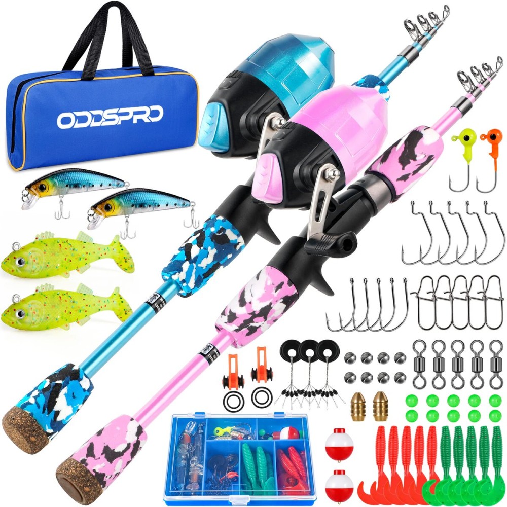 ODDSPRO Kids Fishing Pole - Kids Fishing Starter Kit - with Tackle Box, Reel, Practice Plug, Beginner\'s Guide and Travel Bag for Boys, Girls (2 Pack (Blue+Light Pink), 1.5M 4.92Ft)