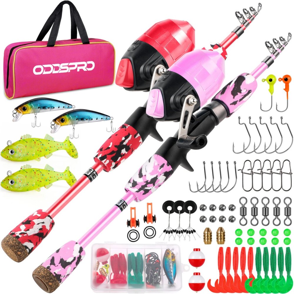 ODDSPRO Kids Fishing Pole - Kids Fishing Starter Kit - with Tackle Box, Reel, Practice Plug, Beginner\'s Guide and Travel Bag for Boys, Girls (2 Pack (Light Pink+Red), 1.5M 4.92Ft)