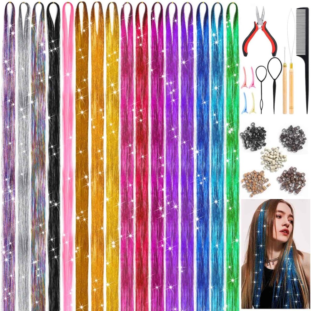 48 Inch 16 Colors Hair Tinsel Kit with Hair Extensions Tools, 3200 Sparkly Hair Glitter Strands, Heat Resistant Fairy Hair Tinsel Kit for Women Girls Kids Daily Parties Festival