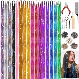 48 Inch 16 Colors Hair Tinsel Kit with Hair Extensions Tools, 3200 Sparkly Hair Glitter Strands, Heat Resistant Fairy Hair Tinsel Kit for Women Girls Kids Daily Parties Festival