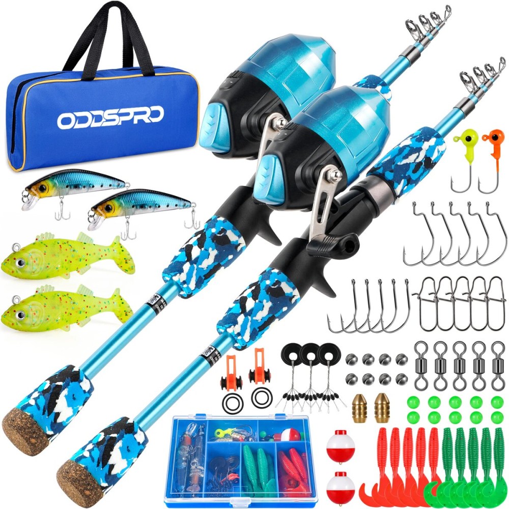 ODDSPRO Kids Fishing Pole - Kids Fishing Starter Kit - with Tackle Box, Reel, Practice Plug, Beginner\'s Guide and Travel Bag for Boys, Girls (2 Pack (Blue+Blue), 1.5M 4.92Ft)