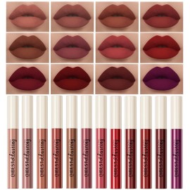 12Pcs Makeup Matte Lipstick Lip Kit, Classic Nudes & Bold Reds Lipstick Set, Non-Stick Cup Not Fade Liquid Lipstick Waterproof Long Lasting Durable Nude Lip Gloss, labiales mate 24 horas originale