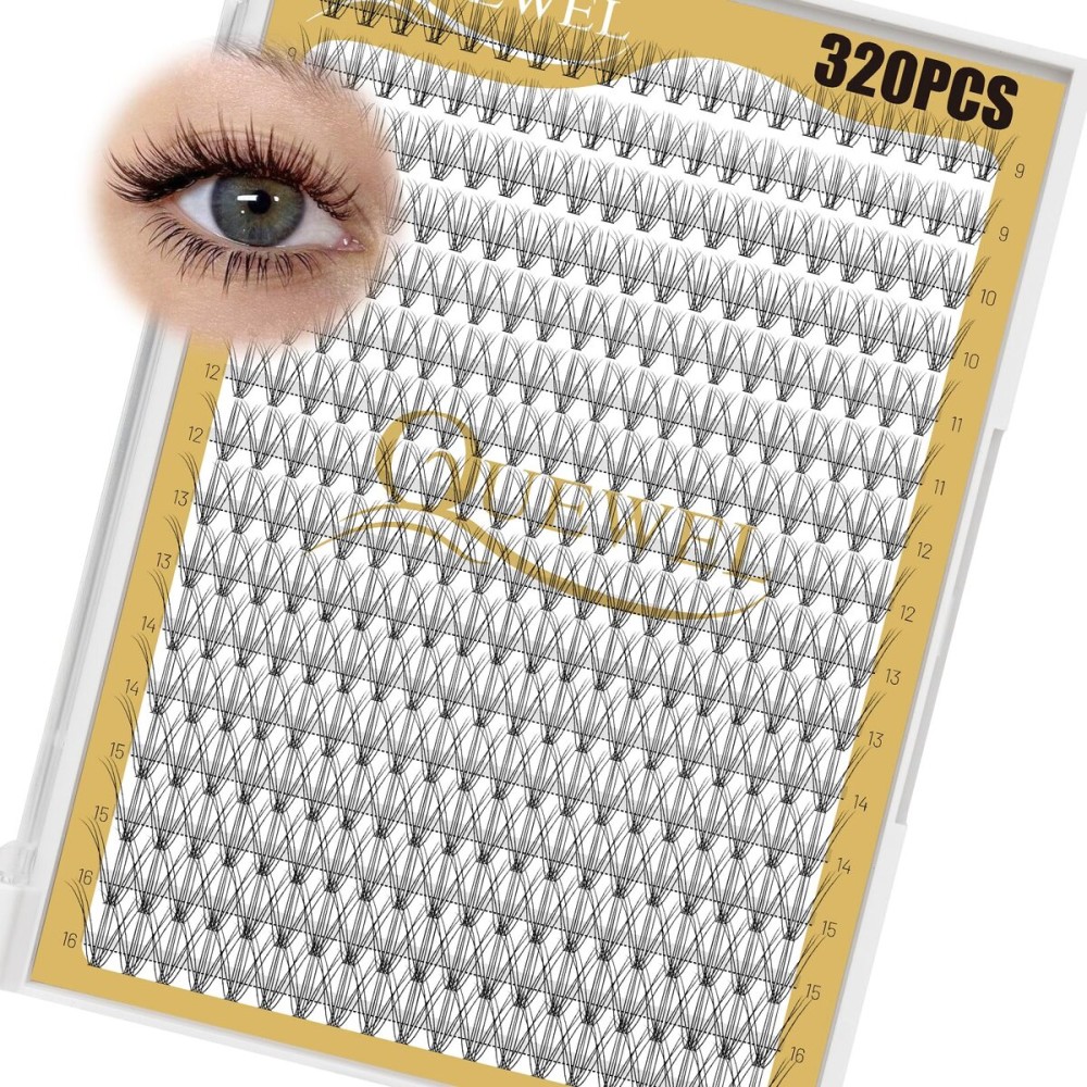 QUEWEL Lash Clusters 320Pcs Cluster Lashes 10D D Curl Lash Cluster Eyelash Extensions Mix9-16mm Individual Eyelashes Clusters Wispy Lash Clusters Thin Band Soft to Use at Home(10D D Mix9-16)