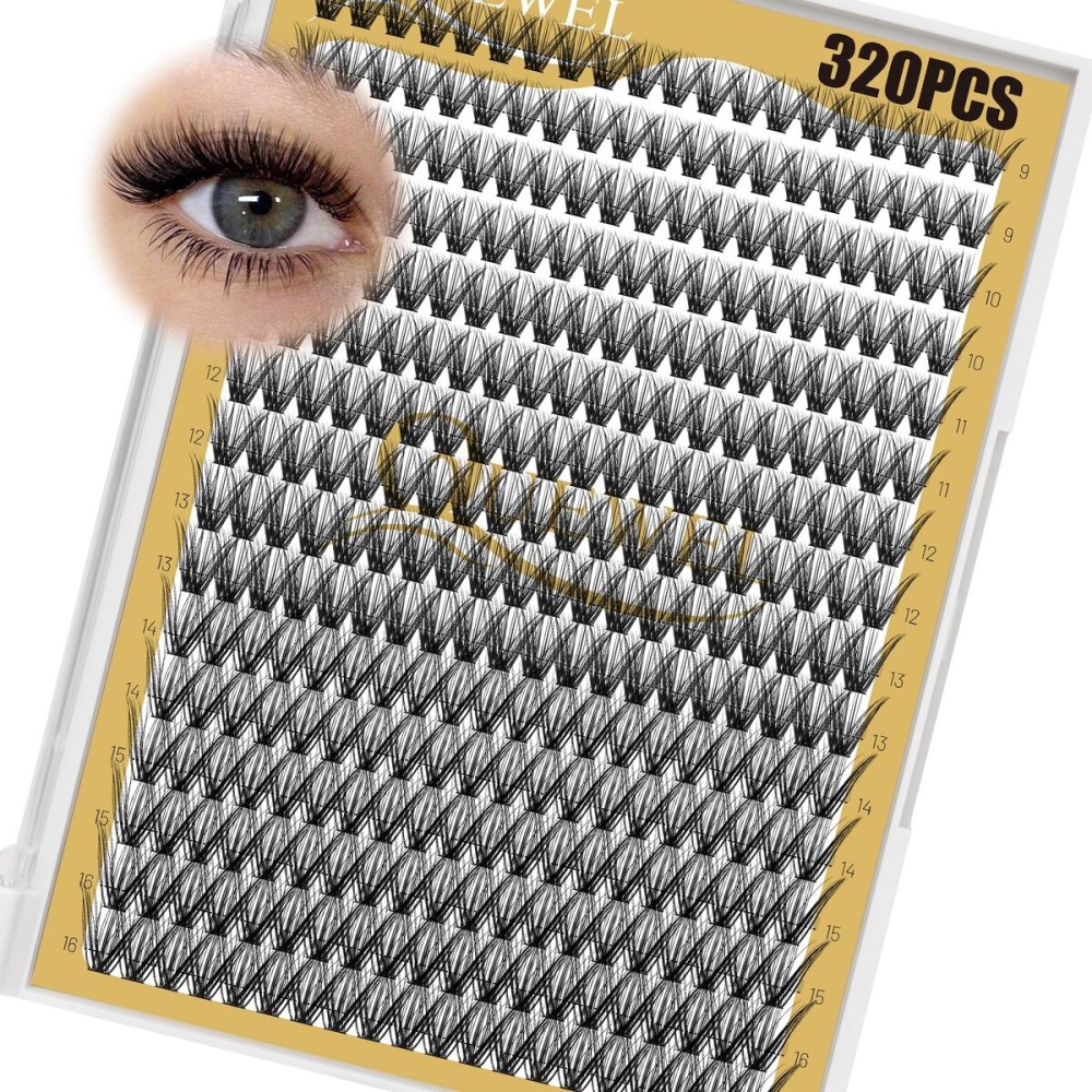 QUEWEL Lash Clusters 320Pcs Cluster Lashes 40D D Curl Lash Cluster Eyelash Extensions Mix9-16mm Individual Eyelashes Clusters Wispy Lash Clusters Thin Band Soft to Use at Home(40D D Mix9-16)