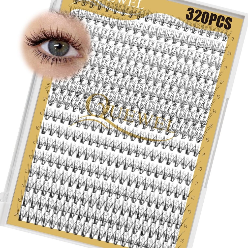 QUEWEL Lash Clusters 320Pcs Cluster Lashes 10D+20D D Curl Lash Cluster Eyelash Extensions Mix9-16mm Individual Eyelashes Clusters Wispy Lash Clusters Thin Band Soft to Use at Home(10D+20D D Mix9-16)