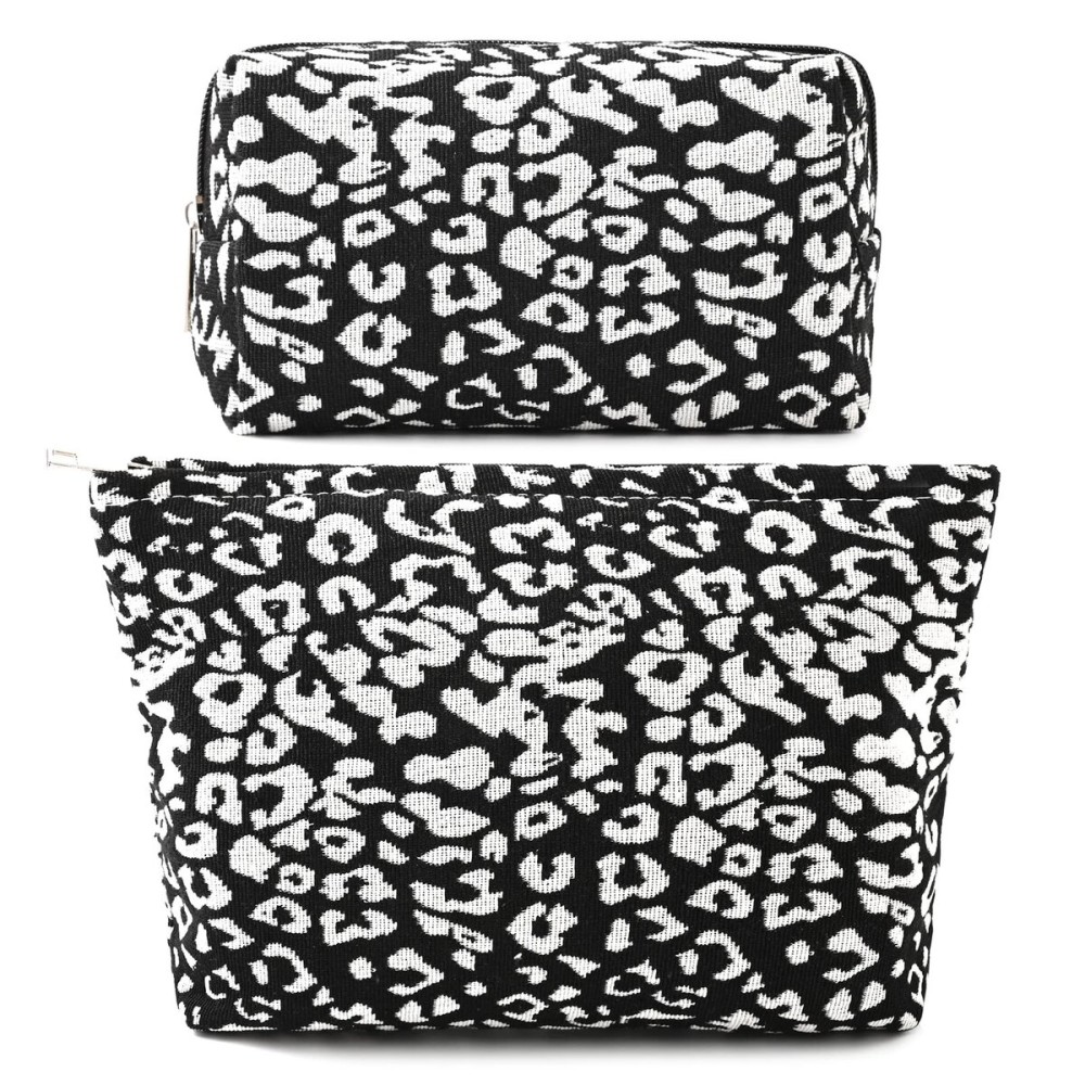 SOIDRAM 2 Pieces Leopard Print Makeup Bag Large Cosmetic Bag Capacity Canvas Mix Travel Toiletry Bag Organizer Cute Makeup Brushes Aesthetic Accessories Storage Bag for Women, Leopard Print Mix Black