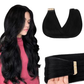 GOO GOO Tape in Hair Extensions Human Hair, 1 Jet black, 24inch 50g 20pcs, Skin Weft Seamless Invisible, Silky Straight with Thick Ends, Remy Human Hair