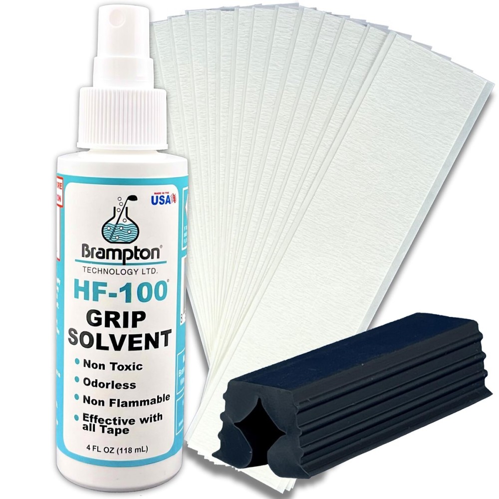 Brampton Complete Golf Grip Kit for Golf Club Regripping - 15 Premium 2x10 Golf Grip Tape Strips, Rubber Vise Clamp, & 4 oz HF-100 Non-Irritating, Non-Flammable, Odorless Golf Club Grip Solvent