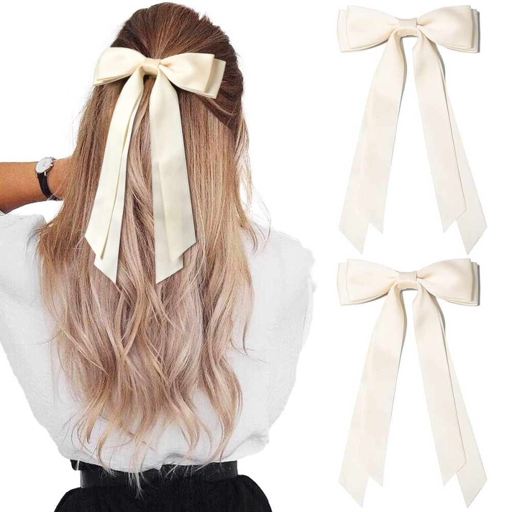 2PCS Silky Satin Hair Bows Hair Clip Light Beige Hair Ribbon Ponytail Holder Accessories Slides Metal Clips Hair Bow for Women Girls Toddlers Teens Kids