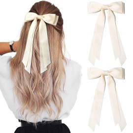 2PCS Silky Satin Hair Bows Hair Clip Light Beige Hair Ribbon Ponytail Holder Accessories Slides Metal Clips Hair Bow for Women Girls Toddlers Teens Kids