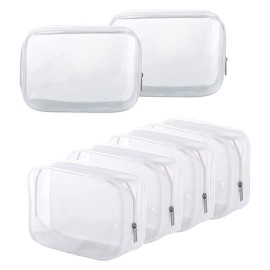 6 Pack Clear Toiletry Carry Pouch with Zipper Portable Plastic Waterproof Cosmetic Bag TSA Approved for Vacation Travel Bathroom and Organizing (White, Large)