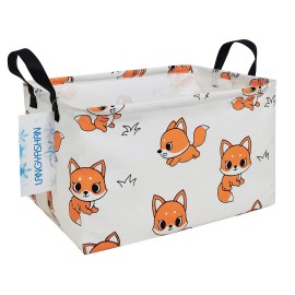 LANGYASHAN Rectangular Storage Bin Collapse Canvas Fabric Cartoon Storage Basket with Handles for Organizing Home Kitchen Boys and Girls Toys Office Closet Shelf Baskets(Rec Fox)