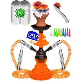 tricase Orange Hookah Set 2 Hose Hookah - LilOne 12 Orange Mini Hookah Combo Kit Shisha Hookah Set with Prepunched Foil Hookas Bowl Disposable Tips Mouthpiece Tongs Portable Hooka Pipe - Hooka Machines