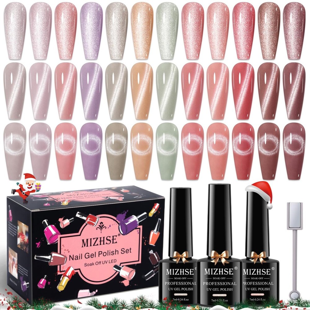 MIZHSE Cat Eye Gel Nail Polish, 12 Basic Colors Collection Velvet Magnetic Gel Polish Polish, Sparkle Shimmery Glitter Nude Pink Brown Soak Off Nail Art Manicure Kit Gift for Ladies