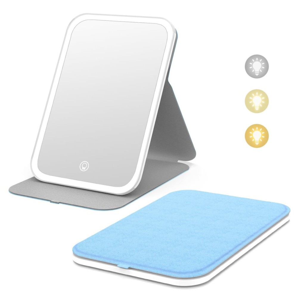Kintion Travel Makeup Mirror, Portable LED Lighted Makeup Mirror, 360 Rotation Touch Screen Vanity Mirror, 60 LEDs, 3-Color Dimmable Lighting, Rechargeable Tabletop Folding Cosmetic Mirror, Blue
