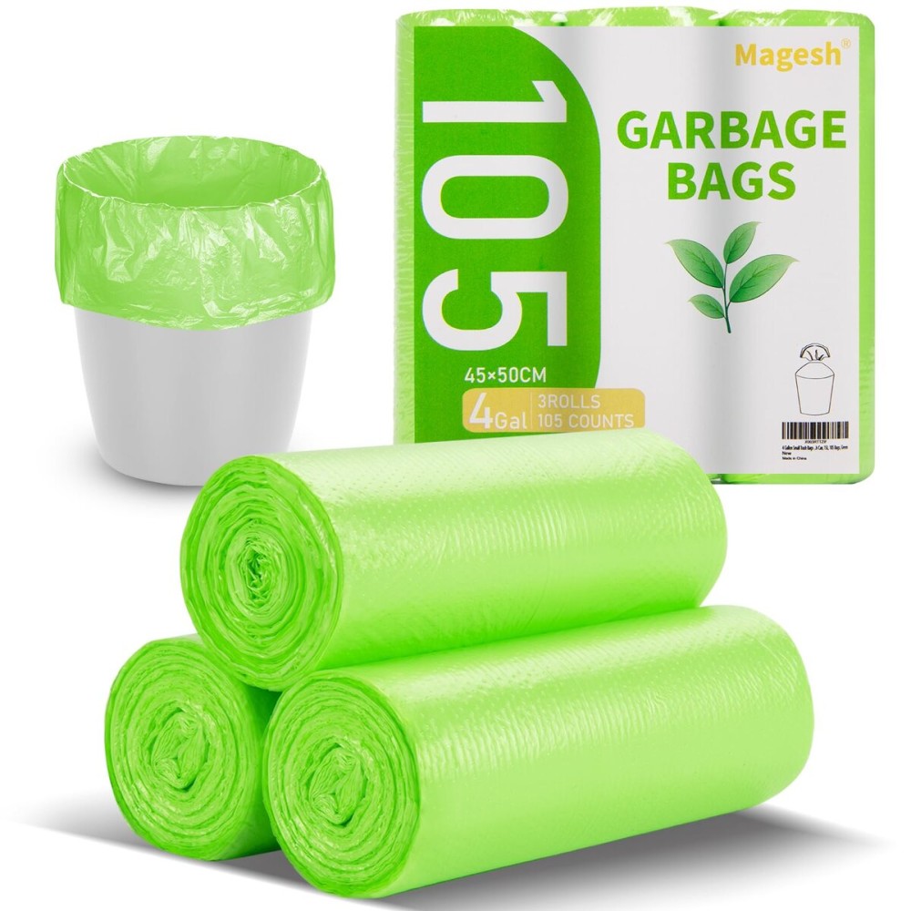Magesh 105 Count 4 Gallon Small Trash Bags, Green, Transparent, Durable, Leak-Proof, Unscented, Easy to Use, Versatile, Outstanding Customer Service