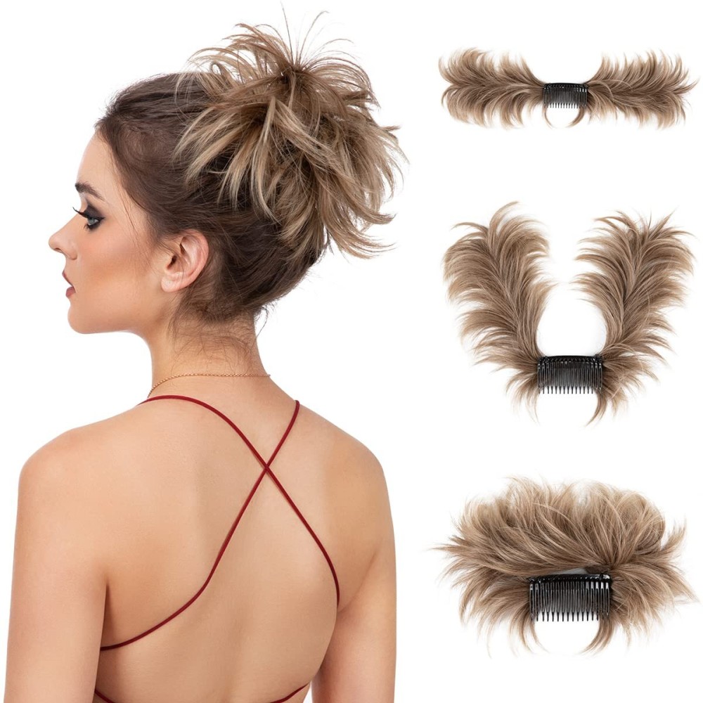 youngways Messy Bun Hair Piece Side Comb Clip in Hair Bun Hairpiece for Women Short Natural Straight Versatile Adjustable Styles Easy Hair pieces (Brown to Ash Blonde-S)