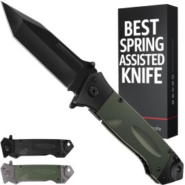 Spring Assisted Heavy Duty Pocket Knife for Men - 3.5 Tanto Sharp Blade - Folding Tactical Self Defense Japanese Knives with Portable Clip - for Hunting Camping Military Survival Work EDC 6688 BG