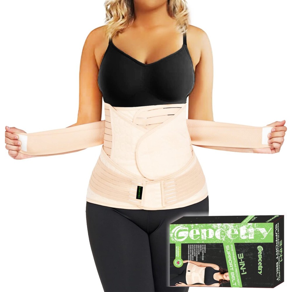 Gepoetry 3 in 1 Postpartum Belly Band Wrap Support Recovery Girdles Abdominer Binder Post Surgery Belly&Waist&Pelvis Support Belt & Back Brace(Beige, Small/Medium)