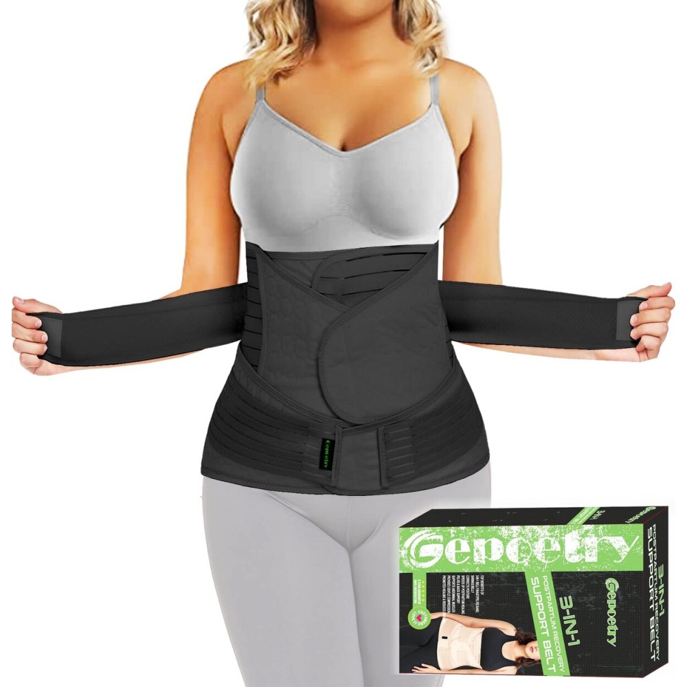 Gepoetry 3 in 1 Postpartum Belly Band Wrap Support Recovery Girdles Abdominer Binder Post Surgery Belly&Waist&Pelvis Support Belt & Back Brace (Black, Large)