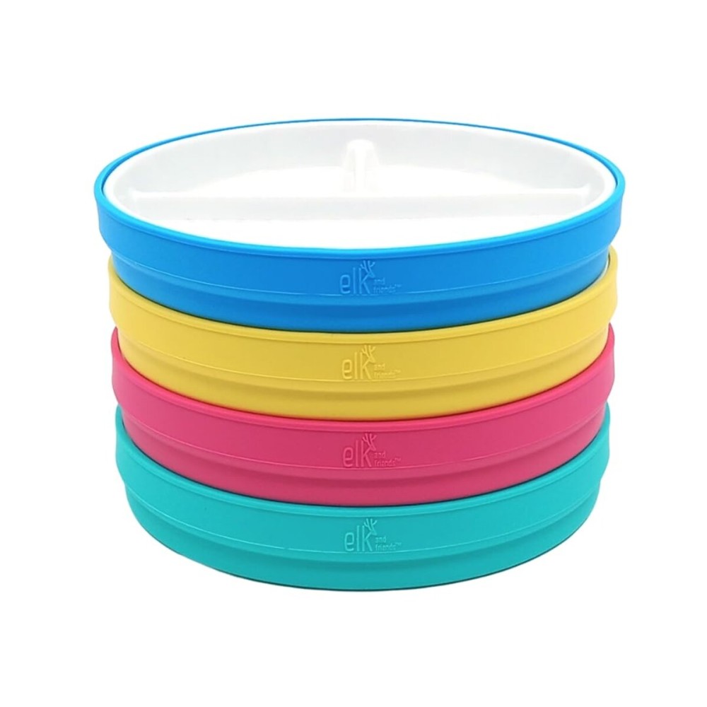 Elk and Friends Kids 7.8 Porcelain White Plates with Silicone Sleeves | Divided Plates | Suitable for Kids/Toddlers | Microwave & Dishwasher Safe | Non Slip | Snack Dishes