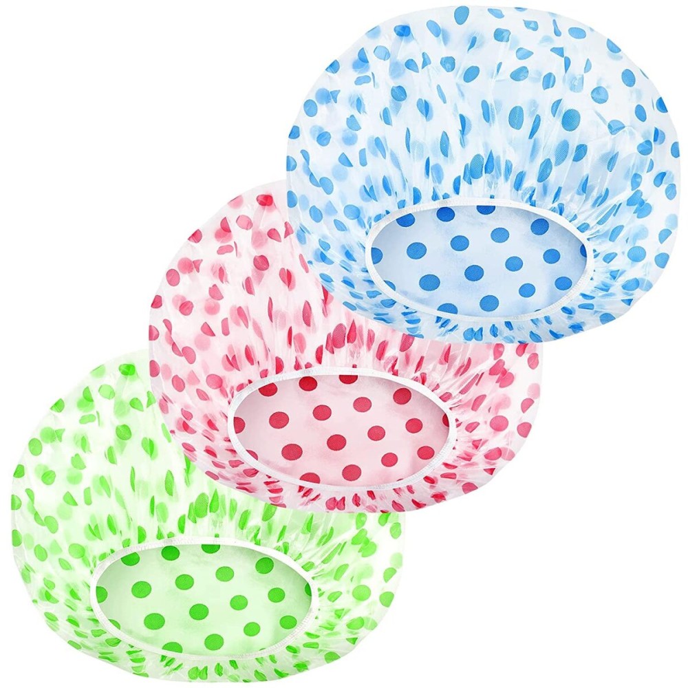 MZD8391 Shower Cap, Reusable Shower Hat Bath Caps, Waterproof with Elastic Band Hair Hat for Men Women Ladies Spa Salon, Coloful Dotted, 3 Packs