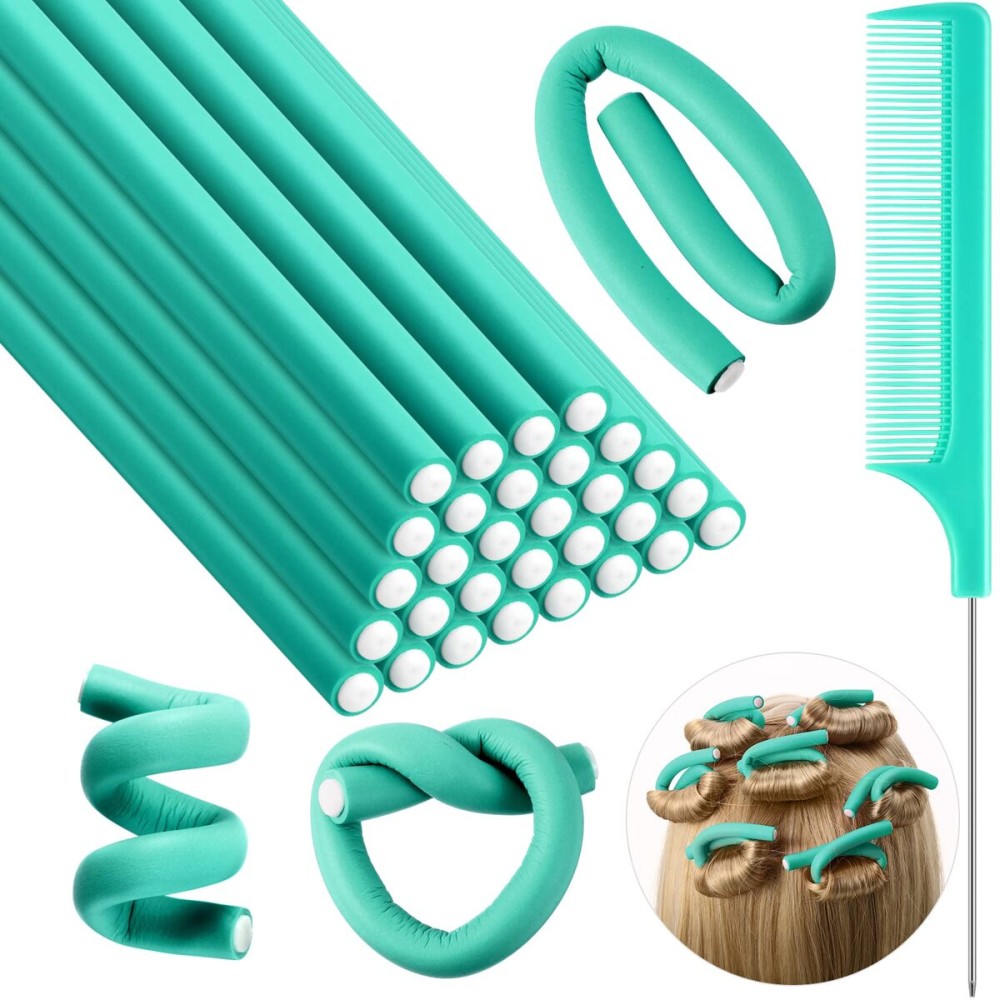 Syhood 30 Pcs 7\'\' Flexible Curling Rods Twist Foam Hair Rollers Soft Foam No Heat Hair Rods Rollers and 1 Steel Pintail Comb Rat Tail Comb for Women Long Short Hair(Lake Green,7 x 0.3 Inch)