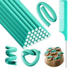 Syhood 30 Pcs 7\'\' Flexible Curling Rods Twist Foam Hair Rollers Soft Foam No Heat Hair Rods Rollers and 1 Steel Pintail Comb Rat Tail Comb for Women Long Short Hair(Lake Green,7 x 0.3 Inch)