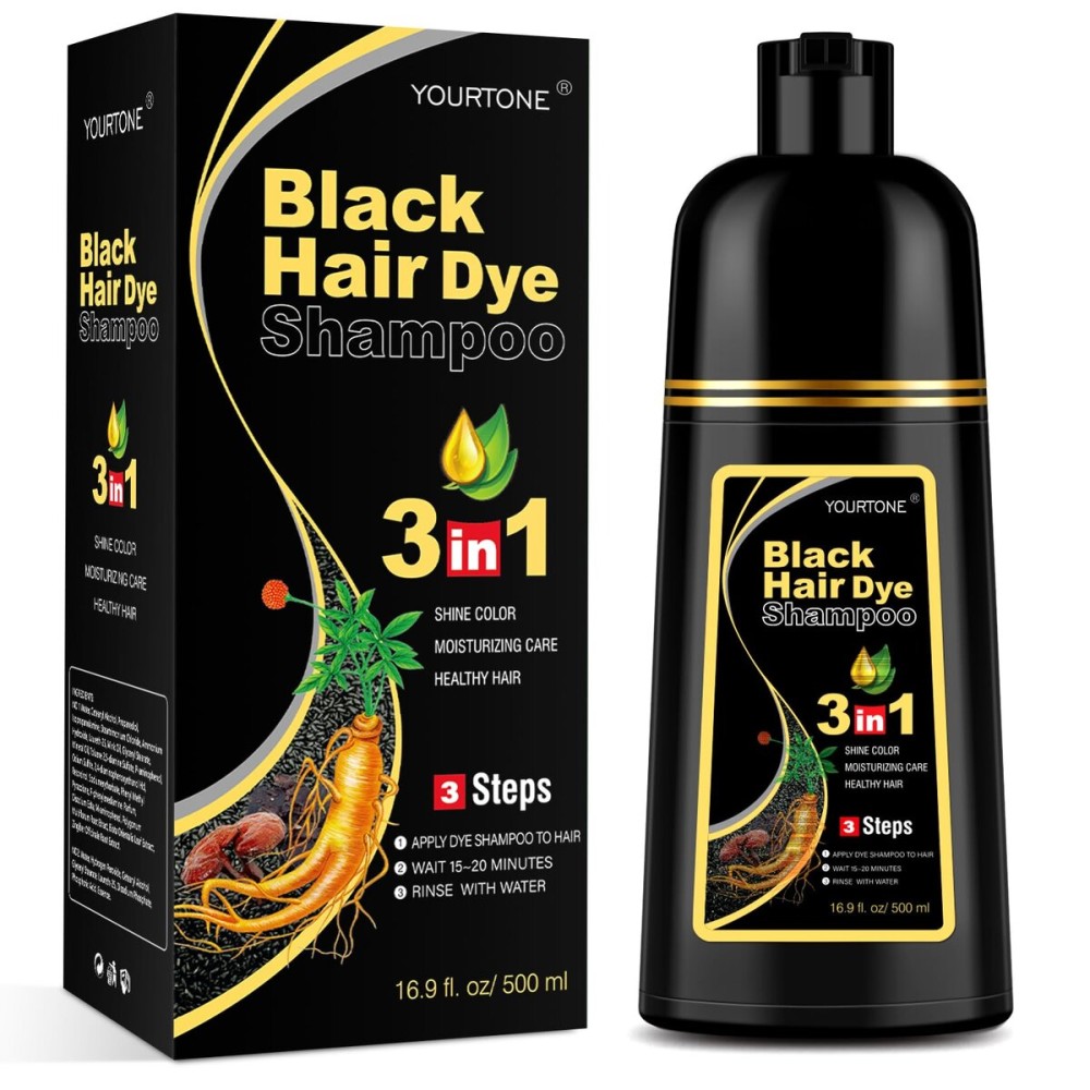 YOURTONE Black Hair Dye Shampoo 3 in 1 for Gray Hair Coverage, Hair Color Shampoo for Women Men, Herbal Ingredients Champu Para Pintar el Cabello (16.9 Oz)