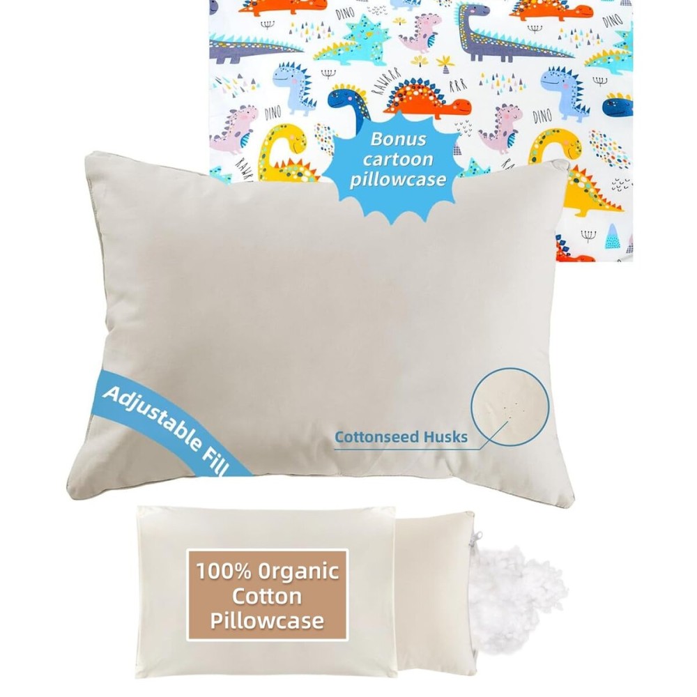 LOFE Organic Plilow with Cartoon Pillowcase - 16x22 Kids Pillow with 100% Organic Cotton Shell, Adjustable Organic Youth Pillow, Machine Washable, Soft,for Kids&Youth&Children (Dinosaur)