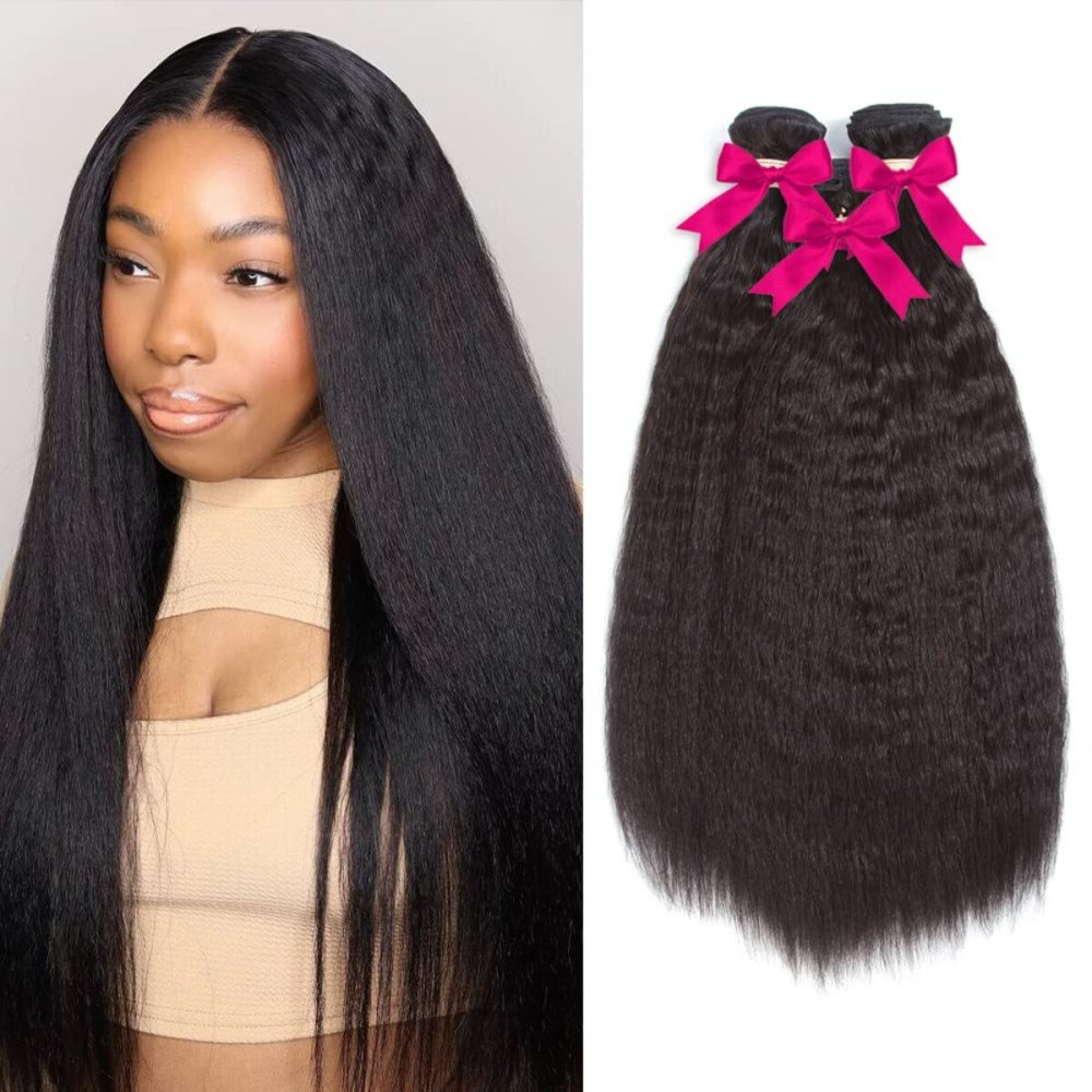 Kerriana Kinky Straight Bundles Human Hair, 12 14 16 Inch Sew In Bundles Yaki Straight 100% Brazilian Human Hair 3 Bundles