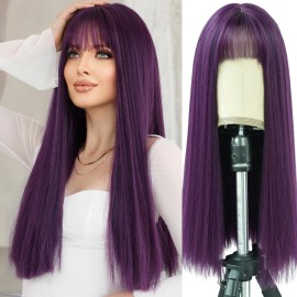 7JHH WIGS Dark Purple Wig With Bang For Women 23in Long Straight Synthetic Wig For Girl Emo Cosplay And Daily Use