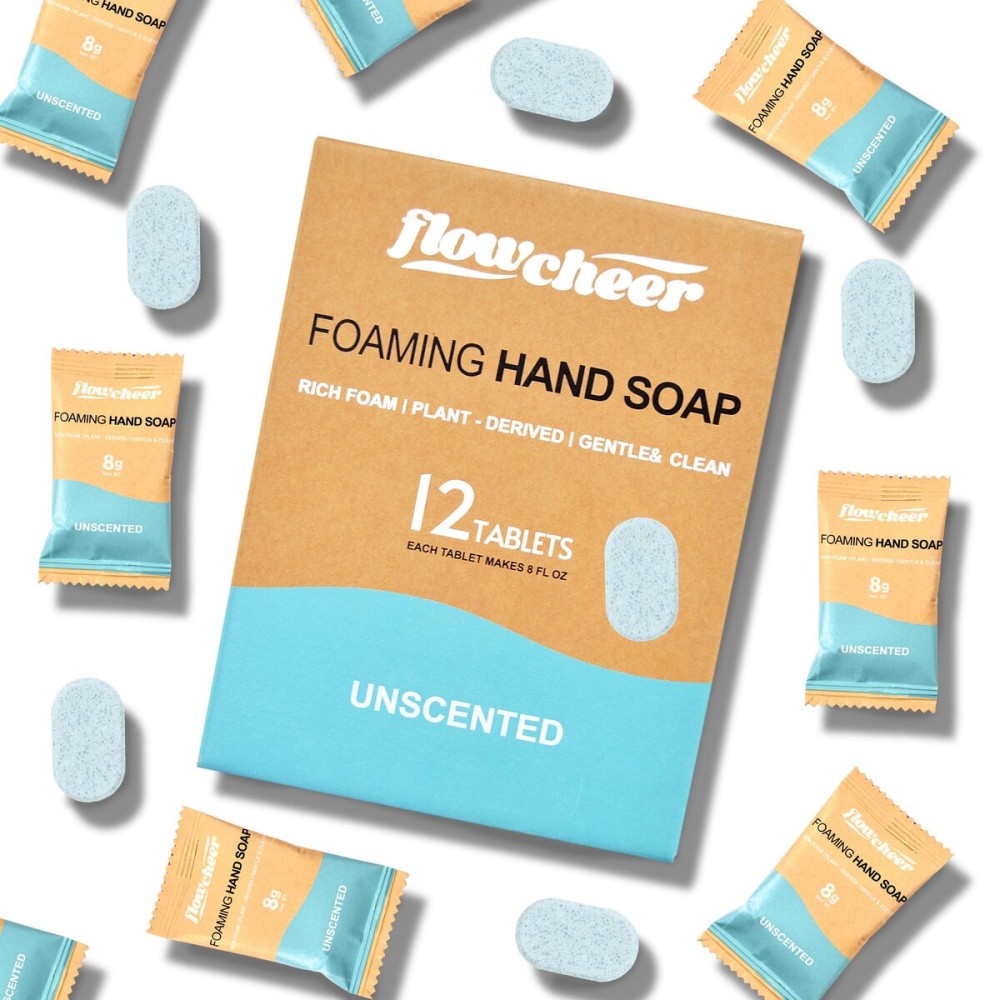 flowcheer Foaming Hand Soap Refill Tablets, 12 Pack (Makes 12 x 9 fl oz), Unscented Hand Wash Soap Tablets for Zero Waste Eco Friendly Cleaning Supplies
