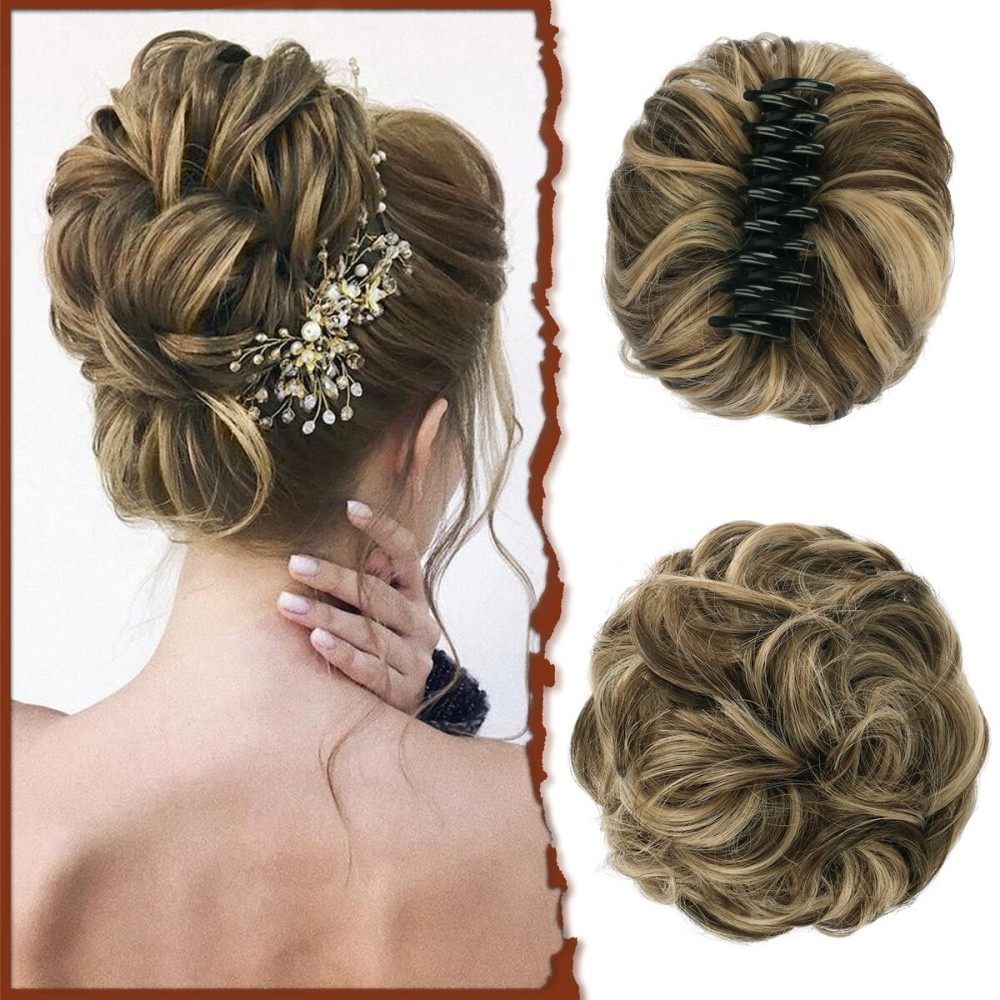 SOFEIYAN Claw Clip Messy Bun Hair Piece Wavy Curly Hair Bun Clip in Claw Chignon Ponytail Hairpieces Synthetic Tousled Updo Hair Extensions Scrunchie Hairpiece for Women, Brunette Mixed Ash Blonde