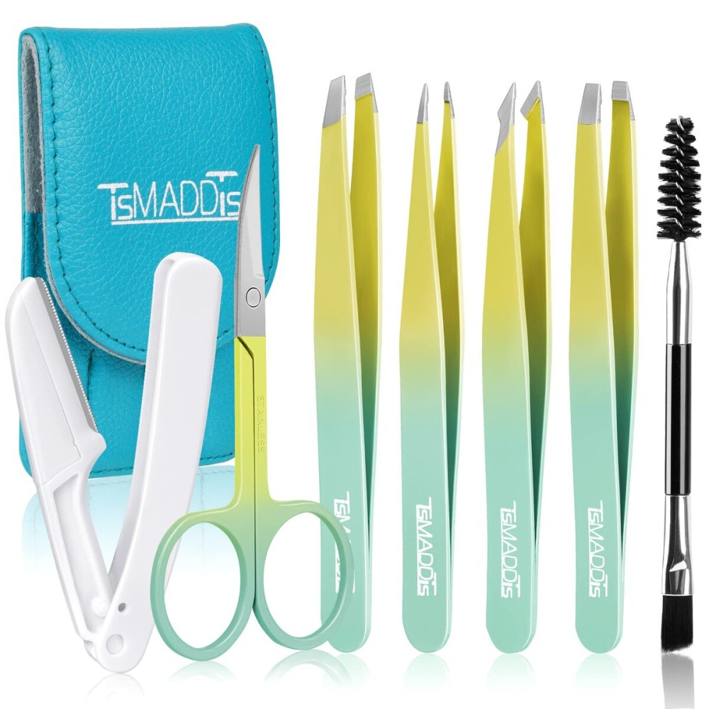 TsMADDTs 7PCS Tweezers Set for Women Facial Hair, Precision Tweezer for Eyebrows with Curved Scissor and Eyebrow Razor for Ingrown Hair, Yellow&Green