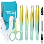 TsMADDTs 7PCS Tweezers Set for Women Facial Hair, Precision Tweezer for Eyebrows with Curved Scissor and Eyebrow Razor for Ingrown Hair, Yellow&Green