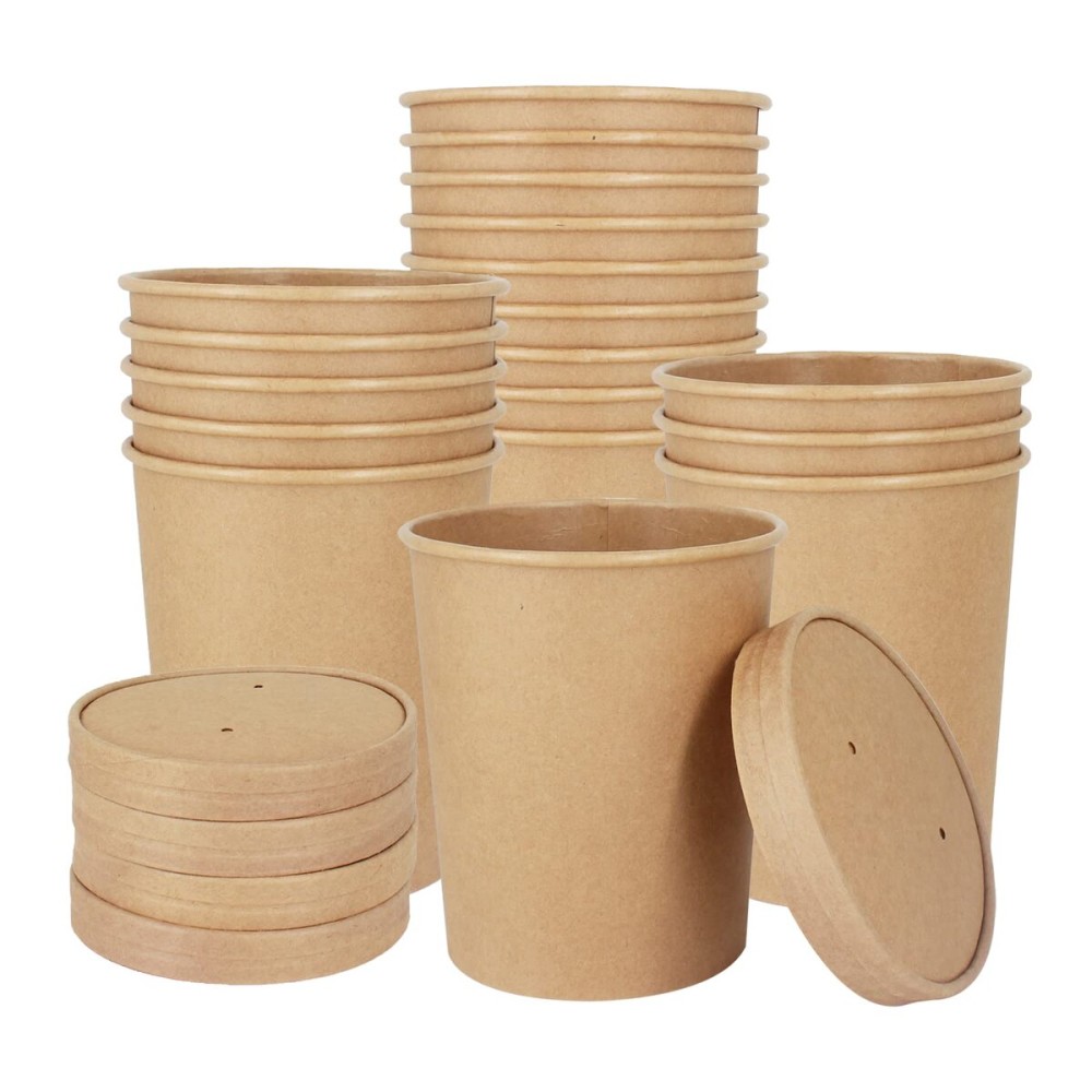 Belinlen 30 Sets 32 oz Paper Ice Cream Cups with Lids, Paper Food Containers With Vented Lids, To Go Hot Soup Bowls For Restaurants, Take Outs, or To-Go Lunch, Kraft
